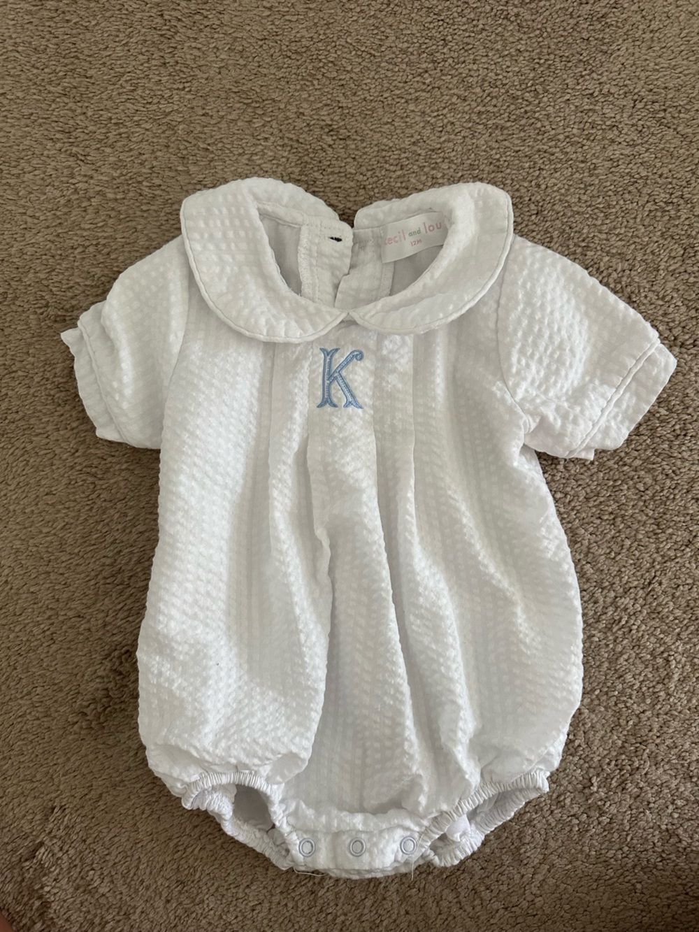 Cecil and Lou White K Monogrammed Baby bubble romper